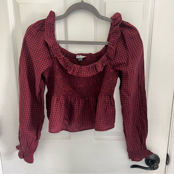 American Eagle Outfitters Tops - American Eagle Plaid Peasant Top with Ruffle Neck